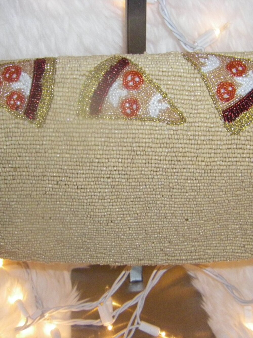 Viral Beaded Bag by Express Edit Tan/Red/Gold Pizza Slice Shoulder Bag NWT - Picture 7 of 13